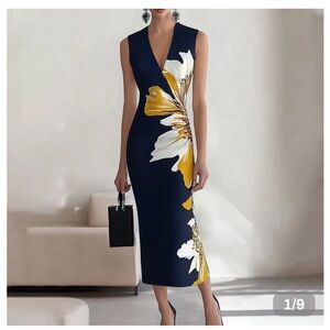 V-Neck Navy Midi Dress with Yellow & White Floral Print